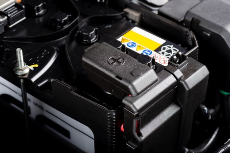 closeup new battery car in engine roomの写真素材