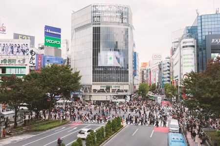 TOKYO, JAPAN - NOVEMBER 02, 2014: Unidentified pedestrians walk at Shibuya Crossing, one of the busiest crosswalks in the world.のeditorial素材