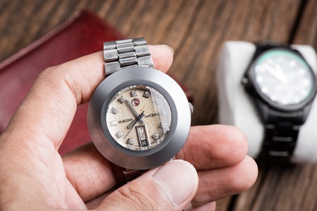 BANGKOK, THAILAND - SEPTEMBER 22, 2015: Closeup details of vintage Rado Diastar watch dial. Rado is a Swiss high range manufacturer of watches.のeditorial素材