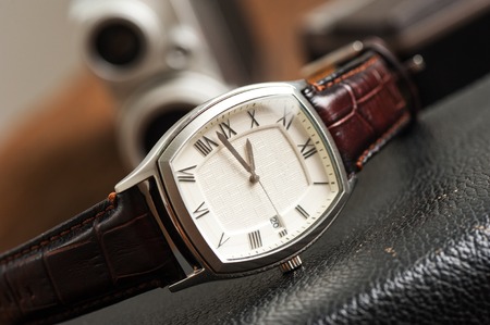 vintage style of luxury men watch with stainless case and leather strapの写真素材