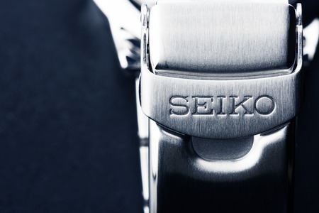 BANGKOK, THAILAND - NOVEMBER 04, 2015: The logo of brand SEIKO on metal watchband. SEIKO is a Japanese company that manufactures and sells watches, clocks, electronic devices, etc.のeditorial素材