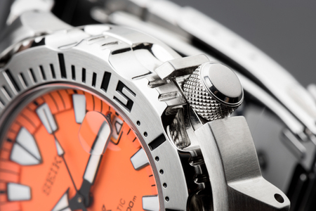 BANGKOK, THAILAND - NOVEMBER 04, 2015: The SEIKO Prospex 200M Diver Automatic SBDC023 Orange dial.のeditorial素材