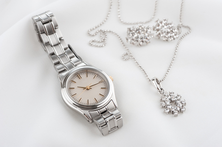 closeup classic woman wristwatch with stainless steel braceletの写真素材