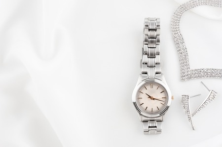 closeup classic woman wristwatch with stainless steel braceletの写真素材