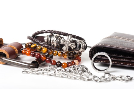 closeup men's accessories on white backgroundの写真素材
