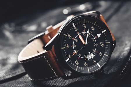military style watch with brown leather strapの写真素材