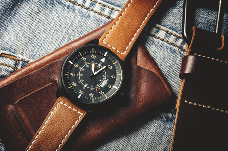 military style watch with brown leather strapの写真素材