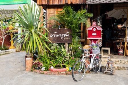 TAK, THAILAND - DECEMBER 25, 2015: Decorations in Ban Kru Sun souvenir and coffee shop in Umphang. Umphang is the southernmost district of Tak Province, Thailand.のeditorial素材