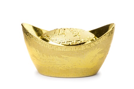 chinese gold ingot or chinese gold nugget with the chinese text on the top mean "get your money worth".の写真素材