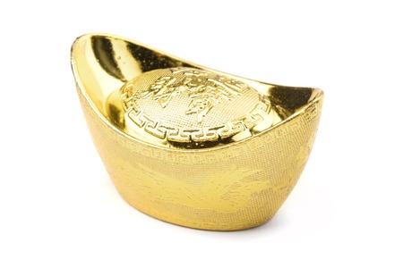 chinese gold ingot or chinese gold nugget with the chinese text on the top mean "get your money worth".の写真素材
