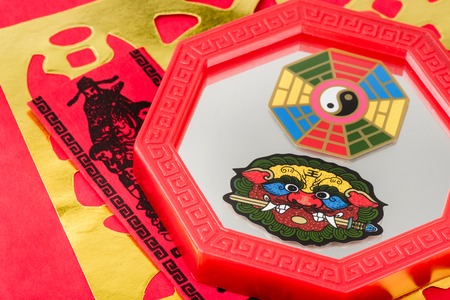 Octagon mirror or Feng Shui Bagua Mirror, Chinese use to repel negative energy.の写真素材