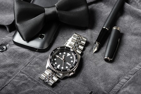 closeup men dive watch with stainless steel braceletの写真素材