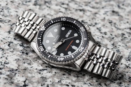 BANGKOK, THAILAND - FEBRUARY 16, 2016: The SEIKO Diver's 200m Automatic SKX007 with 7S26 movement and jubilee bracelet.のeditorial素材