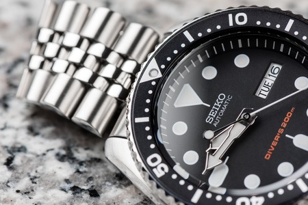 BANGKOK, THAILAND - FEBRUARY 16, 2016: The SEIKO Diver's 200m Automatic SKX007 with 7S26 movement and jubilee bracelet.のeditorial素材
