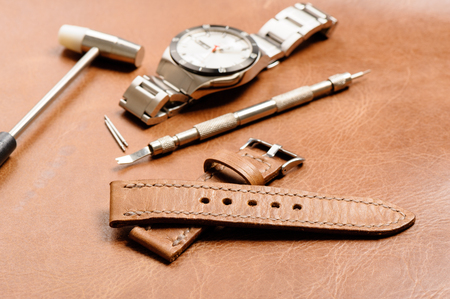 closeup handmade brown leather watch strap, leather productの写真素材