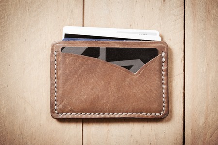 men's accessory, handmade minimalist brown leather walletの写真素材