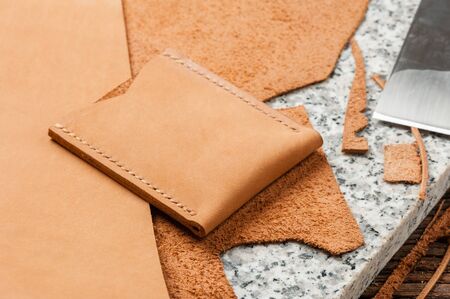 product from nubuck leather, closeup details of brown nubuck leather