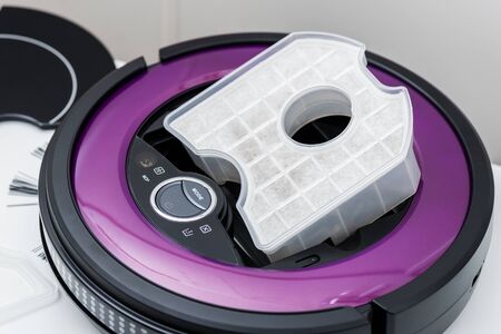 closeup dustbag under cover of robotic vacuum cleanerの写真素材