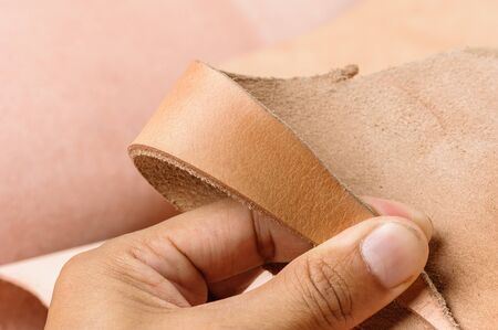 closeup texture of vegetable tanned leather, raw material for leather working