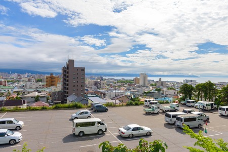 HOKKAIDO, JAPAN - JULY 20, 2015: The city of Hakodate in cloudy day. Hakodate is a city and port located in Oshima Subprefecture, Hokkaido, Japan.のeditorial素材