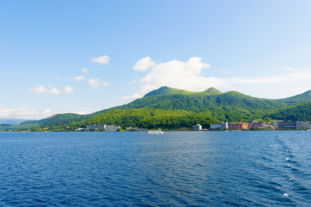 View of Toya City from Toya Lake (Toyako) in Hokkaido, Japan.のeditorial素材