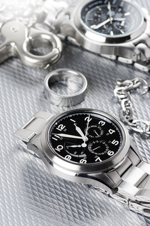 Closeup military or field style wristwatch, luxury automatic wristwatch for menの写真素材