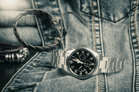 Closeup military or field style wristwatch, luxury automatic wristwatch for menの写真素材