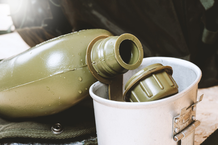 an empty military water canteen, military water bottleの写真素材