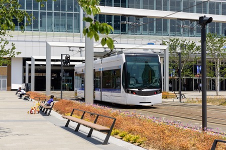 TOYAMA, JAPAN - MAY 15, 2016: Toyama city tram at JR Toyama Station.のeditorial素材