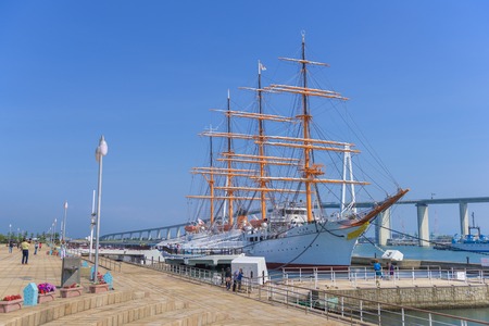 TOYAMA, JAPAN - MAY 15, 2016: Kaiwo Maru at Kaiwo Maru Park, Toyama Bay. Toyama Bay is the most beautiful bays in the world. Kaiwo Maru is a Japanese four-masted training barque tall ship.のeditorial素材