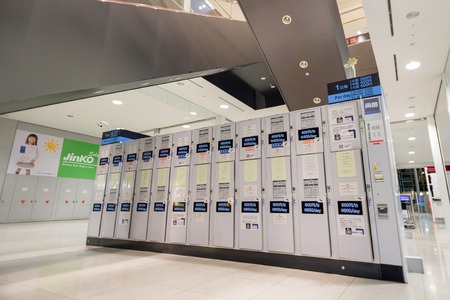OSAKA, JAPAN - MAY 14, 2015: Coin operated lockers in Kansai International Airport.のeditorial素材