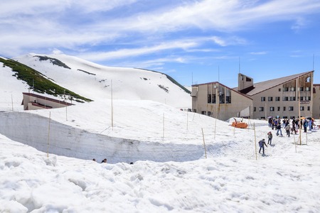 TATEYAMA, JAPAN - MAY 17, 2016: Beatiful nature around Murodo Station. Murodo Station is a trolleybus station in Tateyama, Toyama, Japan.のeditorial素材