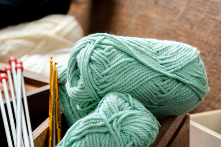equipment for knitting and crochet (crochet hook, yarn, wool, needle)の写真素材