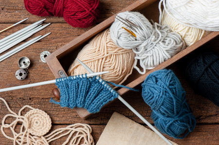 equipment for knitting and crochet (crochet hook, yarn, wool, needle)の写真素材