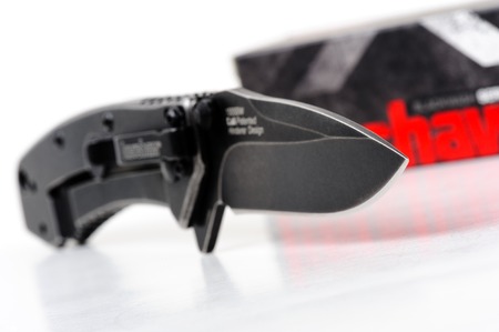 BANGKOK, THAILAND - AUGUST 17, 2016: Closeup details of Kershaw Cryo Blackwash 1555BW pocketknife which was designed by the well renowned Rick Hinderer.のeditorial素材