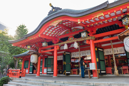 KOBE, JAPAN - MAY 18, 2016: Ikuta-Jinja shrine in Kobe. Ikuta Shrine is a Shinto shrine in the Chuo Ward of Kobe, Japan.のeditorial素材