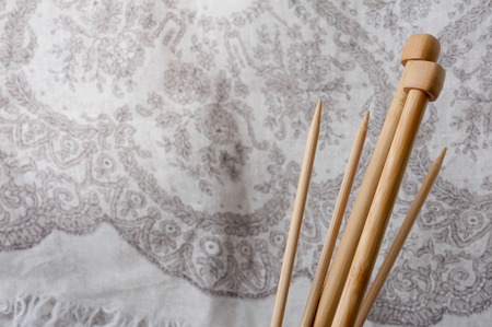 knitting equipment, closeup many bamboo knitting needlesの写真素材