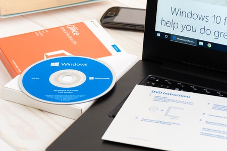 BANGKOK, THAILAND - DECEMBER 20, 2016: The DVD of Microsoft Windows 10. Windows 10 is a personal...