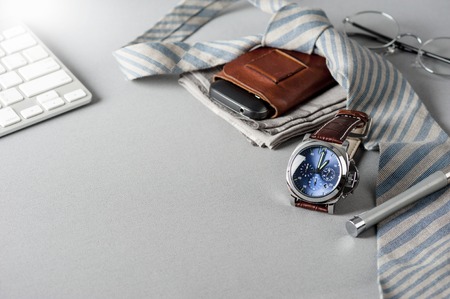 luxury fashion watch with blue dial and brown crocodile grain leather watch bandの写真素材