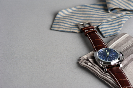luxury fashion watch with blue dial and brown crocodile grain leather watch bandの写真素材
