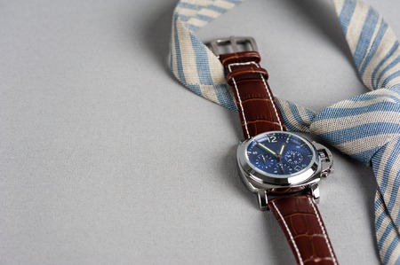 luxury fashion watch with blue dial and brown crocodile grain leather watch bandの写真素材
