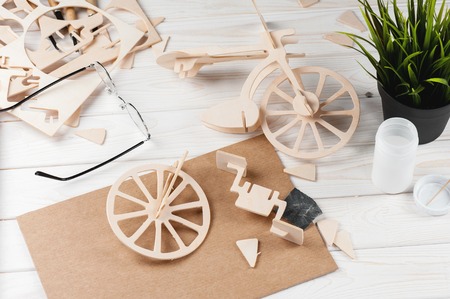 Balsa wood bicycle model kits, Hobby and leisure conceptの写真素材