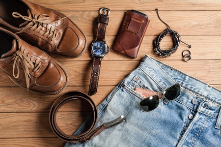 men's accessories outfit on old wood backgroundの写真素材