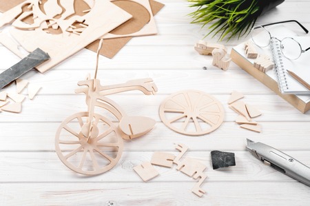 Balsa wood bicycle model kits, Hobby and leisure conceptの写真素材