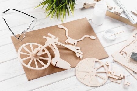 Balsa wood bicycle model kits, Hobby and leisure conceptの写真素材