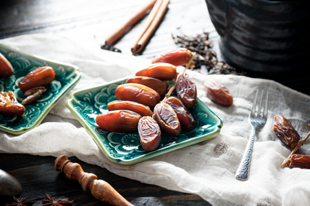 closeup sweet dried date palm fruits or kurma, ramadan (ramazan) foodの写真素材