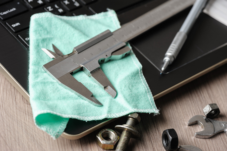 metal vernier caliper, vernier caliper is a measuring instrument used to precisely measure linear dimensions.の写真素材