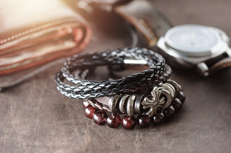 closeup leather bracelets for men, casual style of men accessories. Shallow depth of field.の写真素材
