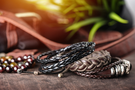 closeup leather bracelets for men, casual style of men accessories. Shallow depth of field.の写真素材