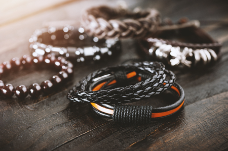 closeup leather bracelets for men, casual style of men accessories. Shallow depth of field.の写真素材
